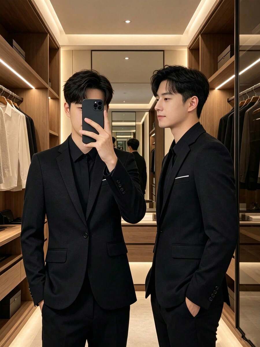 Korean Style Solid Color Men's Single-Breasted Blazer, Minimalist Business, Banquet, Wedding, Casual Suit Jacket - Black - View 1