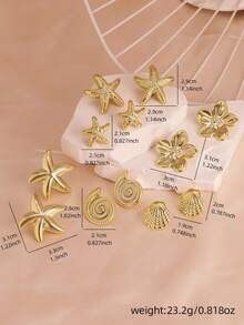 6 Pairs Gold Starfish, Seashell, Conch, 5-Petal Flower Earring Set, Suitable For Summer Travel And Vacation Wear, Best Gift For Family And Friends - Gold - View 10