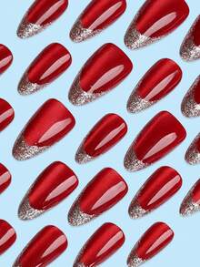 30PCS Almond Handmade Press On Nails Red Metallic Base Silver Glitter Tips Design Glossy Elegant False Nails Nail Kit With Jelly Tabs - Red - View 3