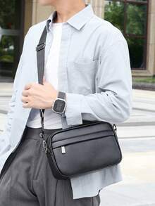 男士黑色斜挎包 休閒單肩信使包 多口袋輕量側背包 適合工作商務日常旅行 - 黑色 - 查看 7