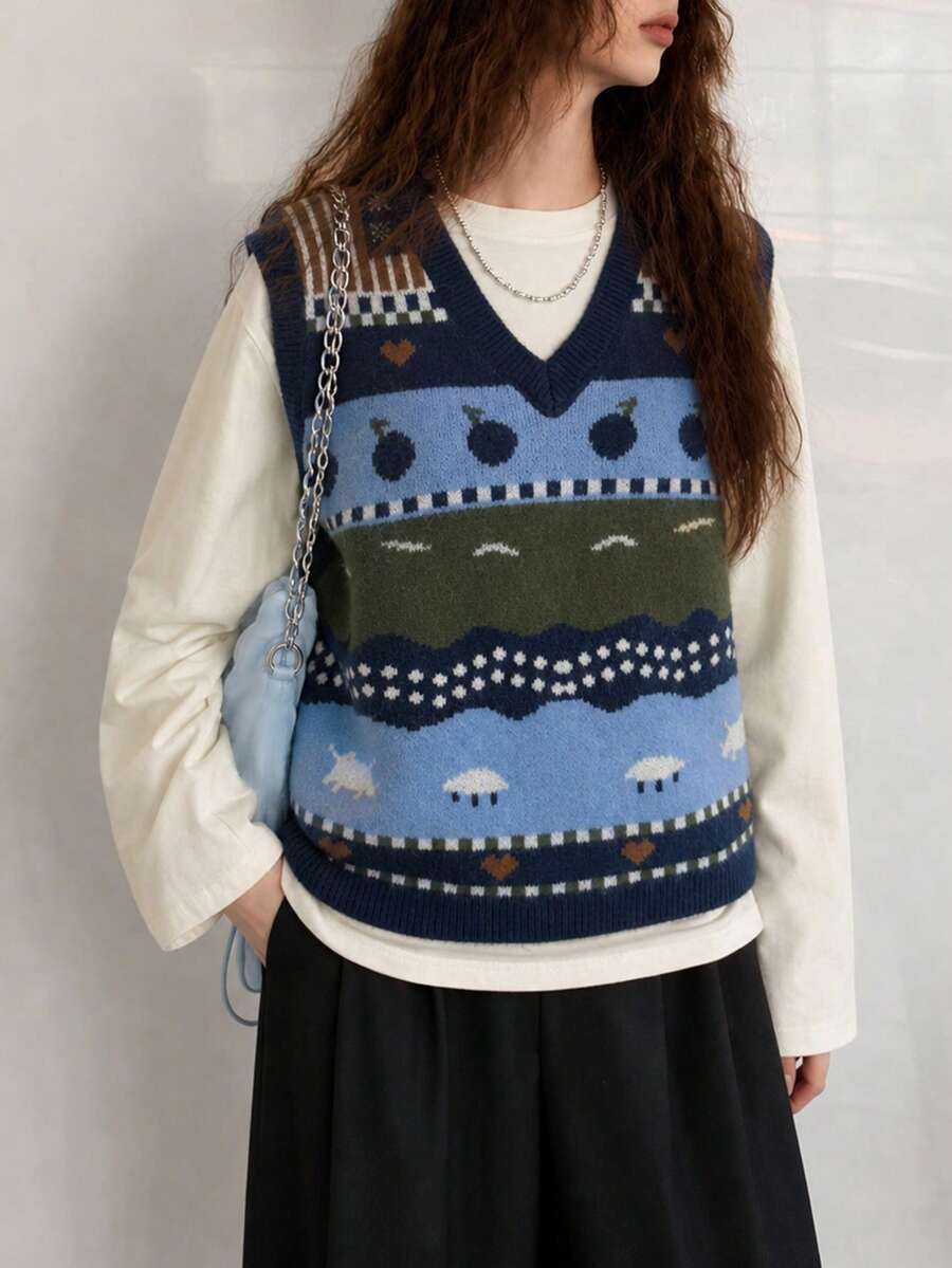 Rompi Pullover Leher V Wanita Kasual Minimalis Elegan Lembut Klasik Vintage Motif Menarik Musim Gugur/Dingin - Navy Blue - View 1