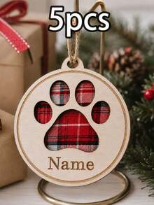 Custom Paw Print Christmas Ornament With Name, Personalized Wooden Pet Tree Decor, Rustic Plaid Holiday Style, Customized Christmas Hanging Ornament, Customizable Name Keepsake, Christmas Tree Decoration, Pet Lover Holiday Gift, Family, Friend - Multicolor - View 14