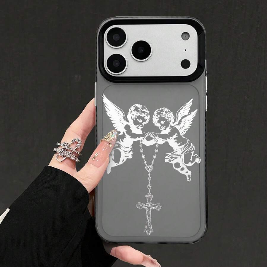 HANCAI 1pc Vintage Black & White Little Angel Cross Rosary Print Large Window Phone Case, Cool Subculture Full Coverage Anti-Drop Soft Shell, Suitable For IPhone17/17Pro/17ProMax/16/16Plus/16ProMax/16e/15ProMax/11/12/12Pro/12ProMax/13/13Pro/13ProMax/14/14Pro/14ProMax, Ins Dark Style Phone Protective Cover - Black Frames In a Translucent Gray - View 1