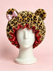 CONFLASS Leopard Print Plush 3D Cat Ear Bow Headband Hat, Quick-Dry Soft Sleep Cap, Suitable For Daily Nighttime Hair Care - Leopard Print - View 7