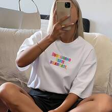 Cotton Women Graphic Tee, Soft Street Style, Vibrant Rainbow Distressed Letter Print, Summer Casual Outfit For Daily Leisure Hangouts - White - View 3