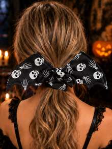 1pc Halloween Large Bat Wing Headband With Scary Pumpkin Bat Tombstone Pattern Witch Spider Web Print Hip-Hop Style Big Round Design, Soft Comfortable Fashionable Styling For Back Bun High Ponytail Medium Long Hair Tie, Suitable For Halloween Party And Holiday Gift Multi-Functional Accessory - Multicolor - View 1