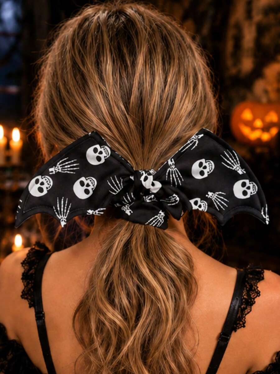 1pc Halloween Large Bat Wing Headband With Scary Pumpkin Bat Tombstone Pattern Witch Spider Web Print Hip-Hop Style Big Round Design, Soft Comfortable Fashionable Styling For Back Bun High Ponytail Medium Long Hair Tie, Suitable For Halloween Party And Holiday Gift Multi-Functional Accessory - Multicolor - View 1