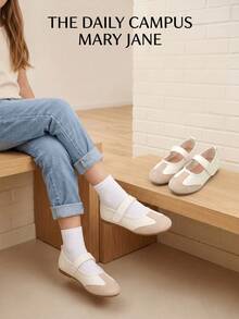 1 Pair Girls' Colorblock Mary Jane Flat Shoes, Hook & Loop Strap Round Toe Soft Sole School Shoes, Children's Casual Loafers, Suitable For Spring & Autumn Shopping And Vacation - Beige - View 7