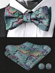Paisley Striped Bow Tie For Men Silk Pre-Tied Bowtie Pocket Square Cufflinks Set Formal Wedding Party Prom - Mint Green - View 2