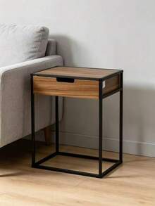 Minimalist Metal Bedside Table With Finish In Walnut Wood Grain And Drawers, 40*30*50cm. Economical Space With Large Storage Capacity, Suitable For Bedrooms And Living Rooms In Any Style. - Multi-color/1 Coffee Table/Color Random - View 5