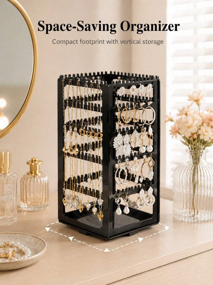 Rotating Earring Storage Rack, Multi-Sided Jewelry Display Stand With Hanging Slots And Base Tray, Large Capacity Earring, Necklace, Bracelet Organizer, Suitable For Stud Earrings, Dangle Earrings And Various Small Accessories, Vanity Storage - Multicolor - View 1