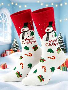 1 Pair Of Crew Sock, Men Funny Graphic Socks, Christmas Snowman Gift Box Candy Cane Pattern Socks, Soft Breathable, Christmas Gift For Men & Women - Multicolor - View 8