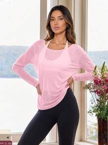 Never me Women's Sports T-Shirt Round Neck Long Sleeve Loose Fit Cover-Up With Back Cross Split Drawstring Yoga Casual Commute Top - Pink - View 4