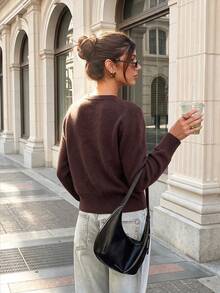 Women's Vintage Argyle Knit Cardigan, Brown Long Sleeve Round Neck Front Button Short Sweater, Autumn/Winter - Coffee Brown - View 3