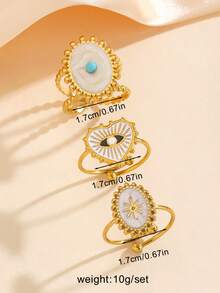 3pcs Stainless Steel 18K Gold Plated White Oil Drop Evil Eye Open Ring, European And American Style Personalized Heart Star Adjustable Finger Ring, Suitable For Women's Daily Wear - White - View 3