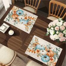 1/4/6pcs Autumn Series Blue & Orange Floral Pumpkin Pattern Printed Placemats, Heat-Resistant Table Mat For Home Kitchen, Table Protection, Kitchen Dining Table, Party Scene Decoration - Multicolor - View 6