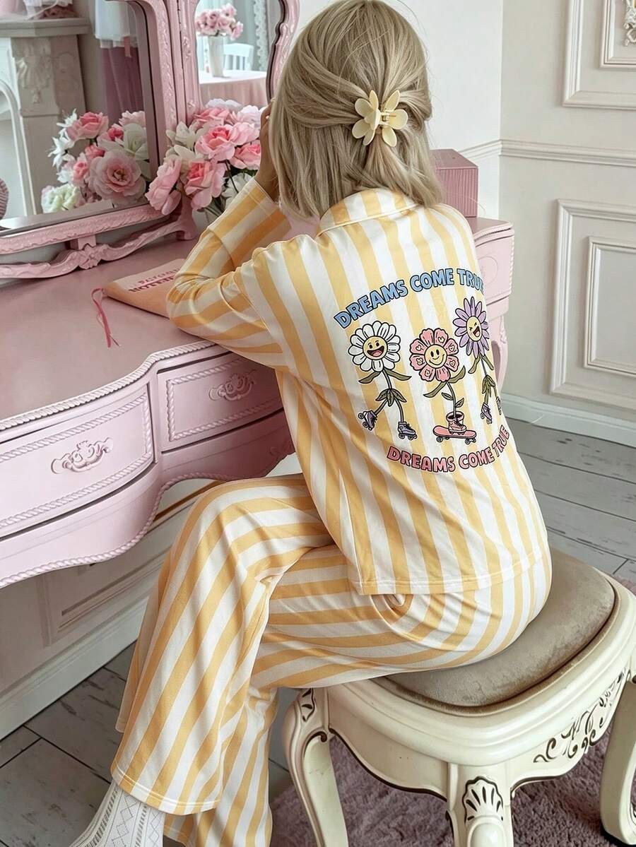 2pcs Women Casual Striped Cute Print Long Sleeve Top + Elastic Straight Leg Pants Loungewear Set - Yellow - View 1