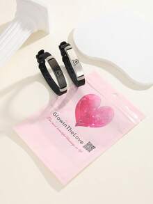ATLVXJL 2pcs/Set Glow-In-The-Dark Couple/Friendship/Family Square Pendant Cute Devil Pattern Silver & Black Stainless Steel Silicone Bracelet Set, Casual Jewelry Bracelet For Daily Wear And Halloween/Valentine's Day Gift - Multicolor - View 5