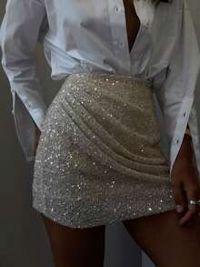 Unadoll Women's Autumn Beige Sequin Mini Skirt, Elegant High Waist Ruched Bodycon Skirt, Suitable For Parties, Date Nights And Back To School Season - Apricot - View 10