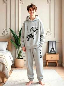 2pcs/Set Boys Cartoon Print Warm Hoodie And Sweatpants Set - Grey - View 1