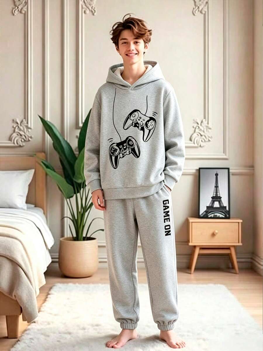 2pcs/Set Boys Cartoon Print Warm Hoodie And Sweatpants Set - Grey - View 1