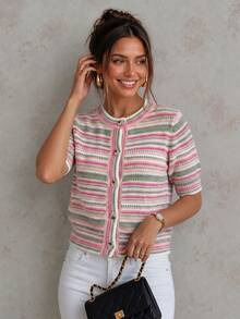 Women's Round Neck Short Sleeve Multi-Color Knit Top - Multicolor - View 2