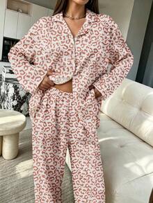 2pcs Women's Loose Leopard Print Casual Long Sleeve Top + Casual Long Pants Loungewear Pajama Set - Pink - View 5