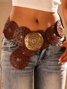 1pc Brown Bronze Metal Eyelet PU Round Cake Fashion Belt, Oval Metal Buckle, Popular Bohemian Style, Suitable For Daily Wear - Oval Buckle Brown - View 1