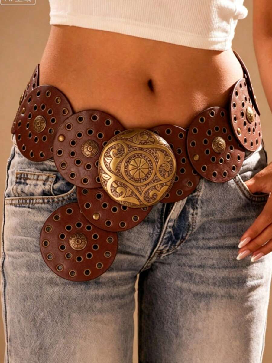 1pc Brown Bronze Metal Eyelet PU Round Cake Fashion Belt, Oval Metal Buckle, Popular Bohemian Style, Suitable For Daily Wear - Oval Buckle Brown - View 1
