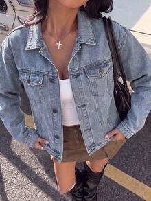 Classic Women's Denim Jacket For All Seasons, Gothic Rose Print, White Ink Direct-To-Garment, Loose Fit Casual Top - Light Denim Blue 2 - View 8