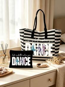 Large Capacity Black And White Striped Tote Bag With "DANCE" Lettering, Foldable Canvas Shoulder Bag, Striped Tote Bag, Includes A Cosmetic Pouch. - Multicolor - View 7