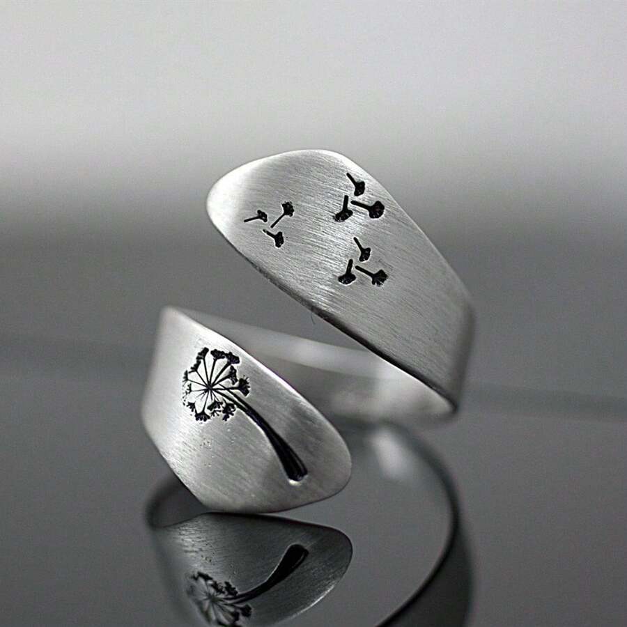 Anillo abierto de moda para mujer con diseño creativo geométrico de semilla de diente de león retorcida, chapado en oro blanco cepillado - Oro blanco - Ver 1