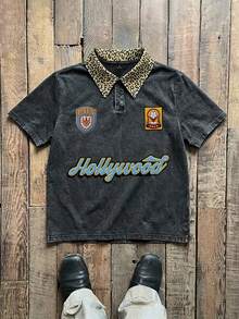 Kemeja Polo Pria Lengan Pendek Motif Leopard Kasual dengan Tampilan Usang dan Bekas Pakai Gaya Vintage Klasik - MultiWarna - View 1
