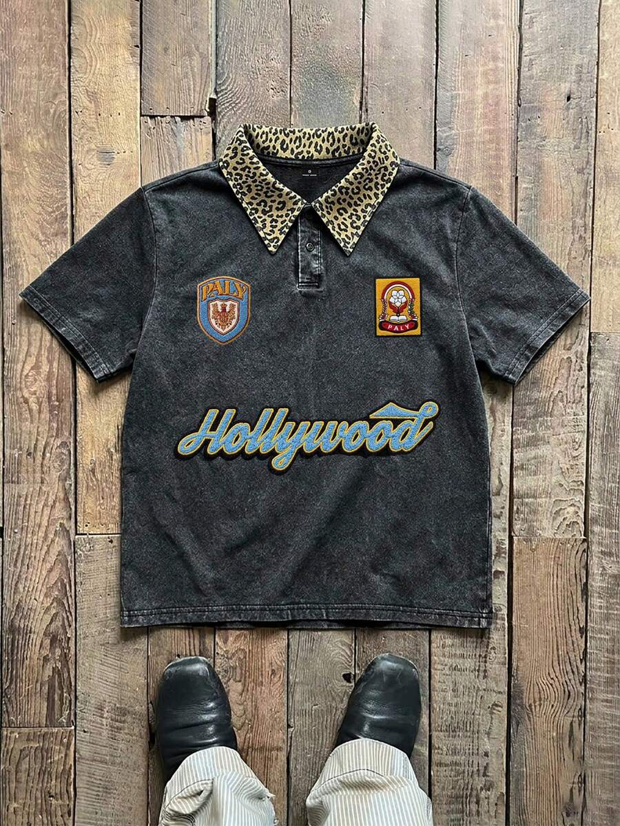 Kemeja Polo Pria Lengan Pendek Motif Leopard Kasual dengan Tampilan Usang dan Bekas Pakai Gaya Vintage Klasik - MultiWarna - View 1