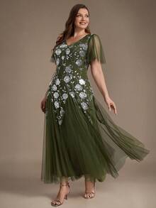 Plus Size Luxury Women's Rose Pattern Sequin Formal Evening Gown, V-Neck Olive Green Formal Mother Of The Bride Dress, Short Sleeve, Suitable For Evening Party - Olive Green - View 6