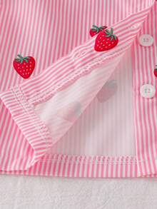 Baby Girl Spring/Autumn Strawberry Theme 2pcs Outfit Set, Pink & White Striped Long Sleeve Collared Single-Breasted Strawberry Print Shirt + Washed Gradient Frayed Hem Straight Leg Denim Jeans, Casual Outing Set - Pink - View 9