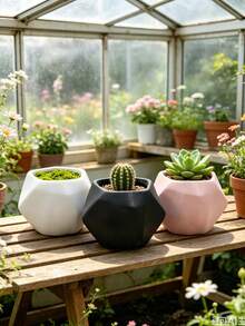 Maceta geométrica de polígono impresa en 3D para suculentas, textura mate en 3 colores negro, blanco y rosa, estilo nórdico minimalista para escritorio, adecuada para cactus, suculentas y plantas verdes pequeñas, decoración del hogar para interior y balcón, maceta de plantación, 3 colores opcionales | Compatible con suculentas, cactus y plantas verdes pequeñas - multicolor - Ver 3