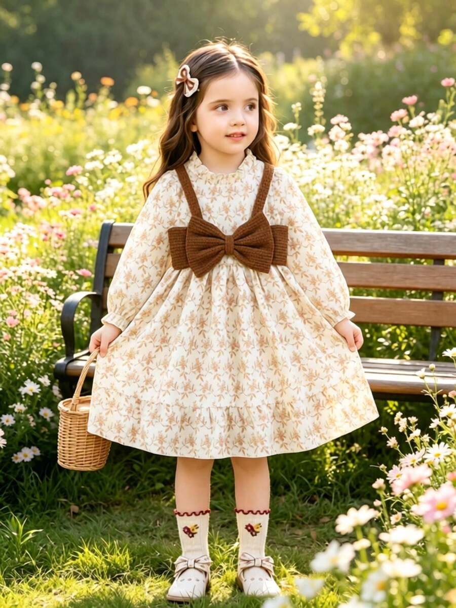 Young Girls Autumn/Winter Gentle Floral Long Sleeve + Big Bow Princess Dress - Khaki - View 1