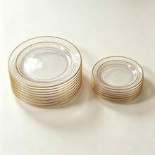 50/25/10 Pack 10.25" & 7.5" Clear Hammered Double Gold Rim Round Dinner Plates, Appetizer Dessert Serving Trays, Wedding Party Catering Dinnerware, Halloween Thanksgiving Friendsgiving Fall, Large Capacity Set For Host Guest Entertaining - View 10