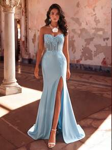 New Sexy Strapless High Slit Fishtail Evening Dress, Bridesmaid Dress Wedding Fall - Baby Blue - View 8
