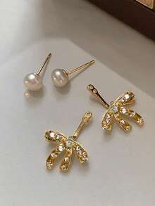 Pendientes de botón con diseño de lazo dulce vintage y perlas falsas, elegantes pendientes de estilo francés para mujeres - pendientes - Ver 3