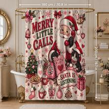 1 pieza/4 piezas Juego de cortina de ducha con decoración de baño vintage rosa de Papá Noel con llamada telefónica multifunción, 12 ganchos gratis, atmósfera festiva premium, alfombra de baño, alfombra de piso en forma de U y tapa de inodoro redonda, adecuado para todas las escenas de decoración navideña - Papá Noel llama por teléfono - Ver 10