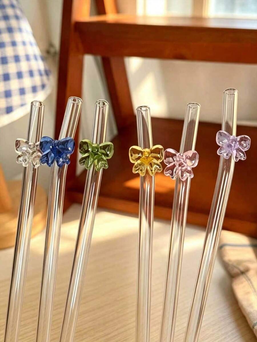 1支蝴蝶图案/可爱蝴蝶结玻璃吸管 - 可重复使用，适用于果汁和饮料 - 非常适合厨房和餐厅使用，也是理想的返校用品