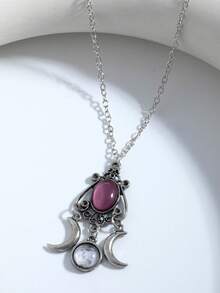 1pc Unique Creative Bohemian Style Moon Goddess Necklace With Amethyst Pendant, Great Gift For Women - Purple - View 3