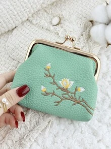 時尚花卉刺繡外觀,多功能且緊湊設計,附夾式開關,便攜式零錢包與卡包 - 綠色 - 查看 7