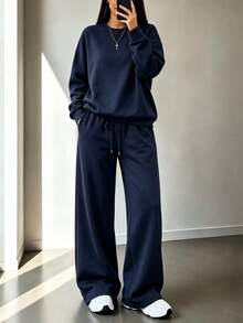 2pcs Falloutfits Women's Sports Set, Fashionable Comfortable Colorblock Jacket And Casual Pants, Suitable For Autumn/Winter Wear - Navy - View 1