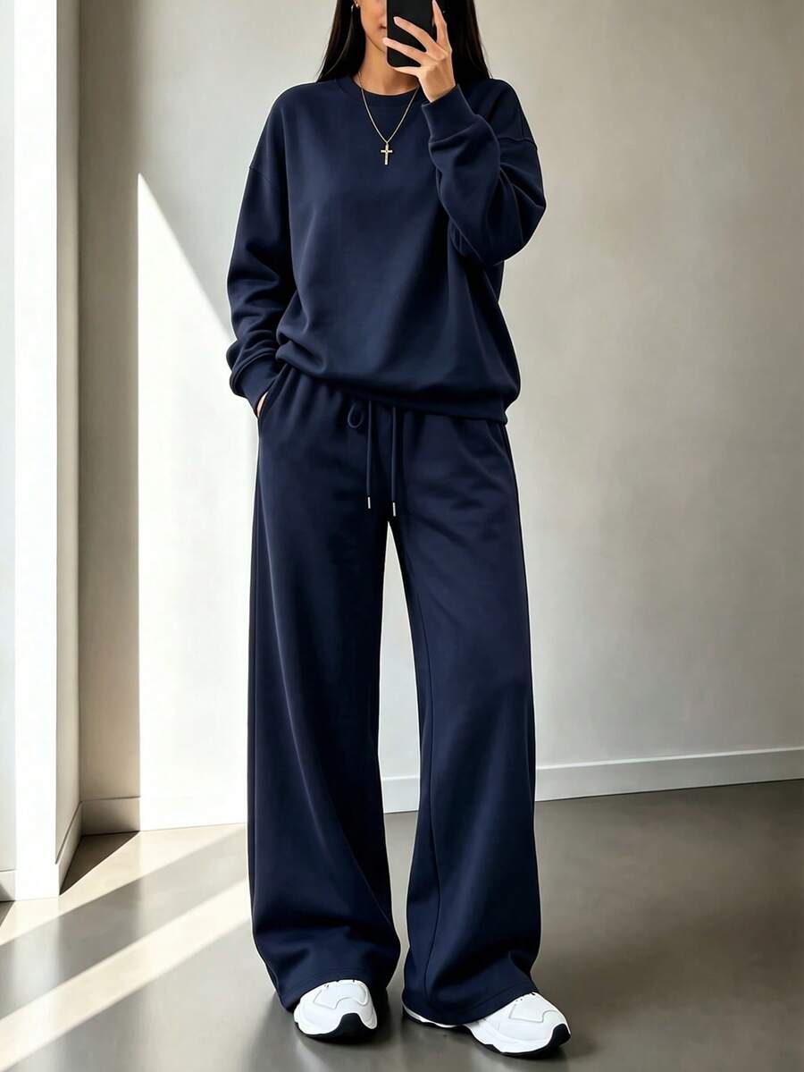 2pcs Falloutfits Women's Sports Set, Fashionable Comfortable Colorblock Jacket And Casual Pants, Suitable For Autumn/Winter Wear - Navy - View 1