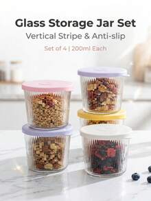 6pcs Set Small Glass Bowls With Lids, Transparent Vertical Ribbed Glass Containers, 6.8oz Practical Capacity, Stackable Storage Design, Suitable For Desserts, Pudding, Sauces, Salads, Nuts, Oatmeal, Candy, Sweets, Grains Home Food Storage Boxes - Multicolor - View 1