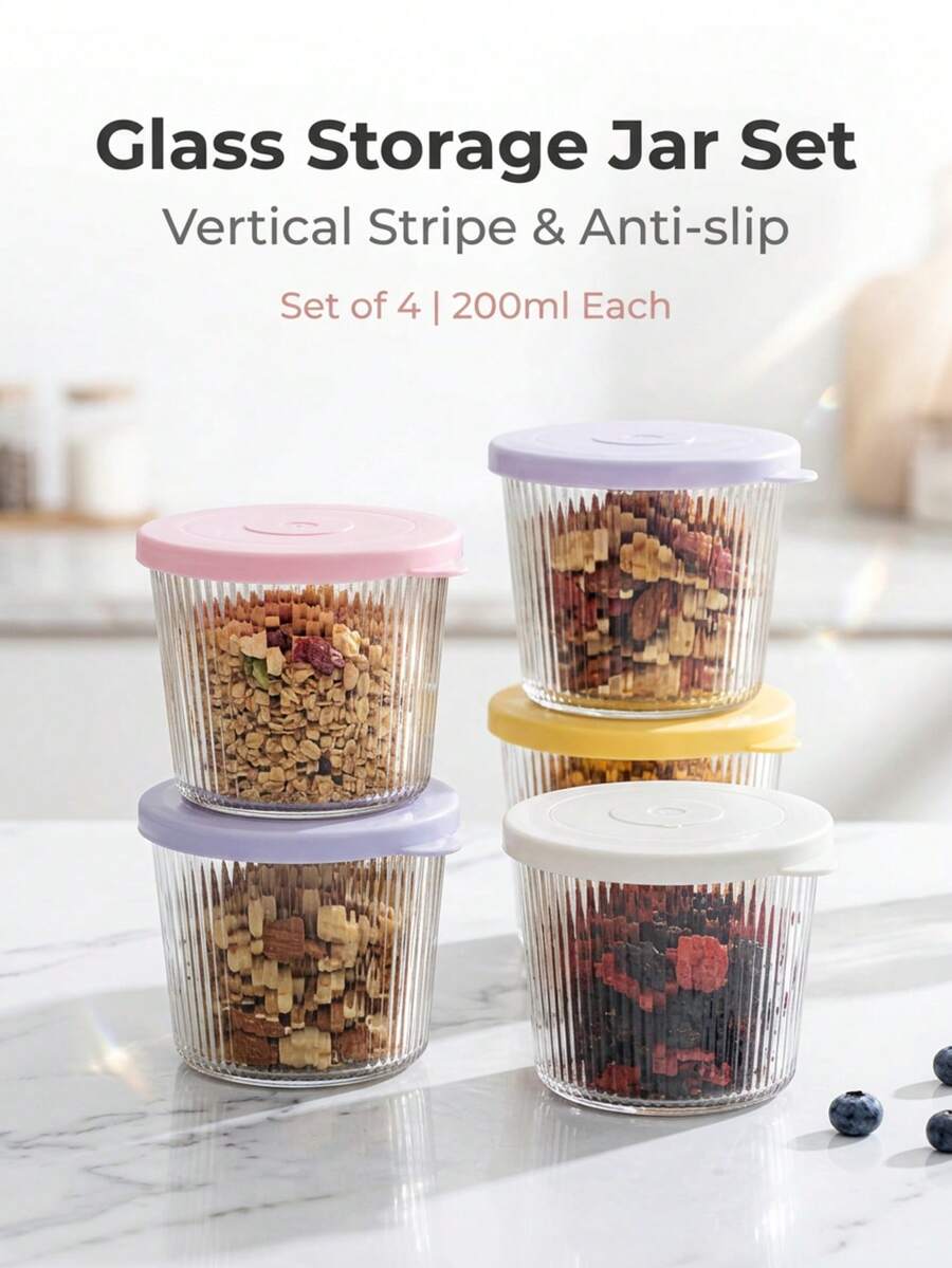 6pcs Set Small Glass Bowls With Lids, Transparent Vertical Ribbed Glass Containers, 6.8oz Practical Capacity, Stackable Storage Design, Suitable For Desserts, Pudding, Sauces, Salads, Nuts, Oatmeal, Candy, Sweets, Grains Home Food Storage Boxes - Multicolor - View 1