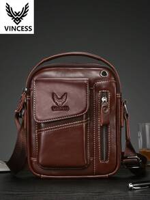 VINCESS 男士牛皮皮革斜挎包，男士真皮斜挎包，極簡休閒單肩包，附可調節式肩帶，柔軟皮革手機收納包，平板電腦單肩包，適合日常通勤與旅行，適合作為男士節日禮物 - 咖啡棕 - 查看 1